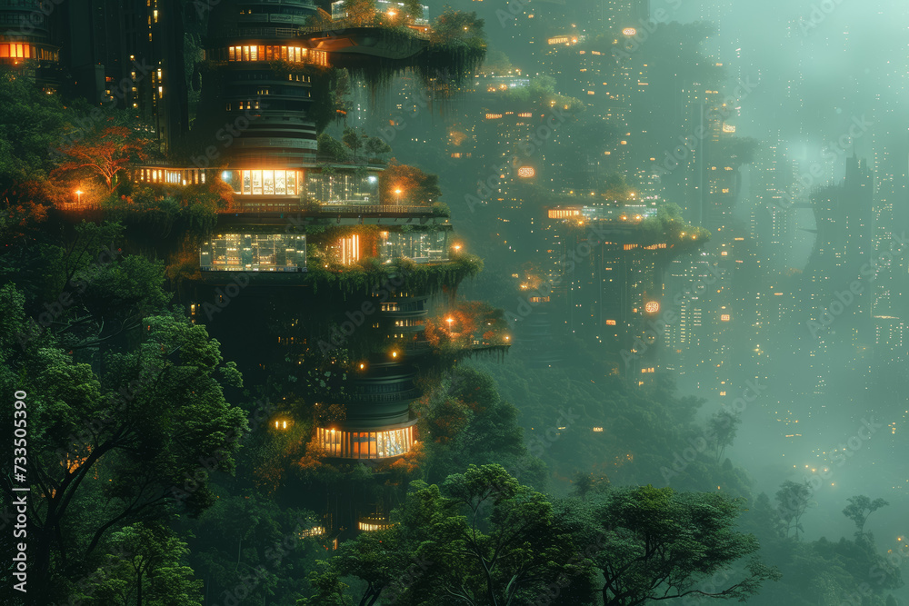 The efficient infrastructure of a smart city against the organic sprawl of a rainforest, symbolizing the intricate dance between human ingenuity and the wild complexity of nature. Generative Ai. The efficient infrastructure of a smart city against the organic sprawl of a rainforest, symbolizing the intricate dance between human ingenuity and the wild complexity of nature. Generative Ai.