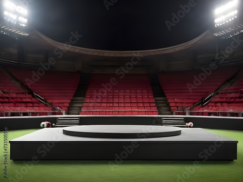 Photo 3D luxury podium stage with football ground stadium background 