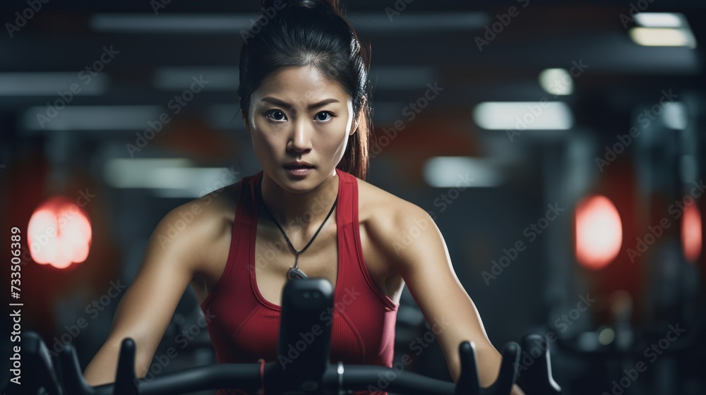 Young Asian woman working out on exercise bike at gym. Neural network AI generated art