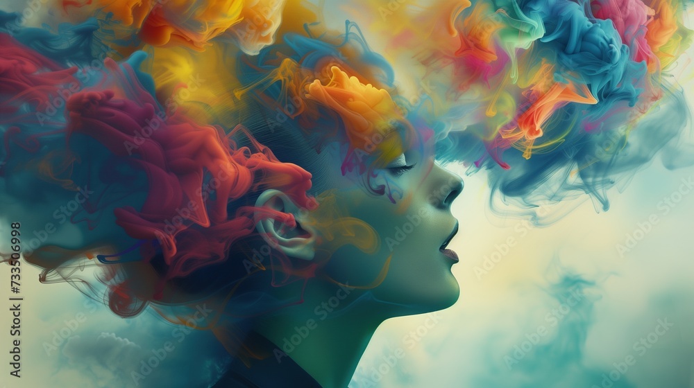 Digital Art: Portrait of Woman with Multi-Colored Smoke Representing Mental Health Imagery