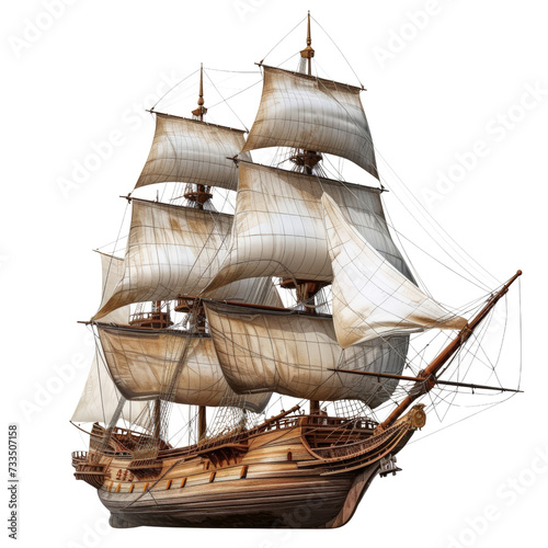 A vintage wooden ship, sails billowing, embarks on a journey across the high seas, evoking adventure, exploration, and the spirit of the open ocean, isolated on transparent background, cut out, png