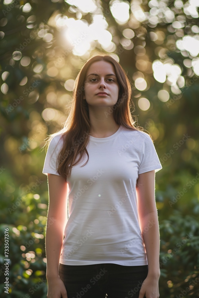 front view young woman wearing white tshirt print on demand mockup outside spring background - generative ai front view young woman wearing white tshirt print on demand mockup outside spring background - generative ai