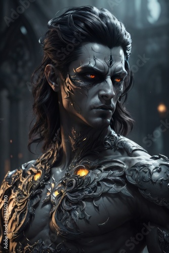 Close-up portrait of a fantasy warrior in armor. Horror evil prince. Generative AI.