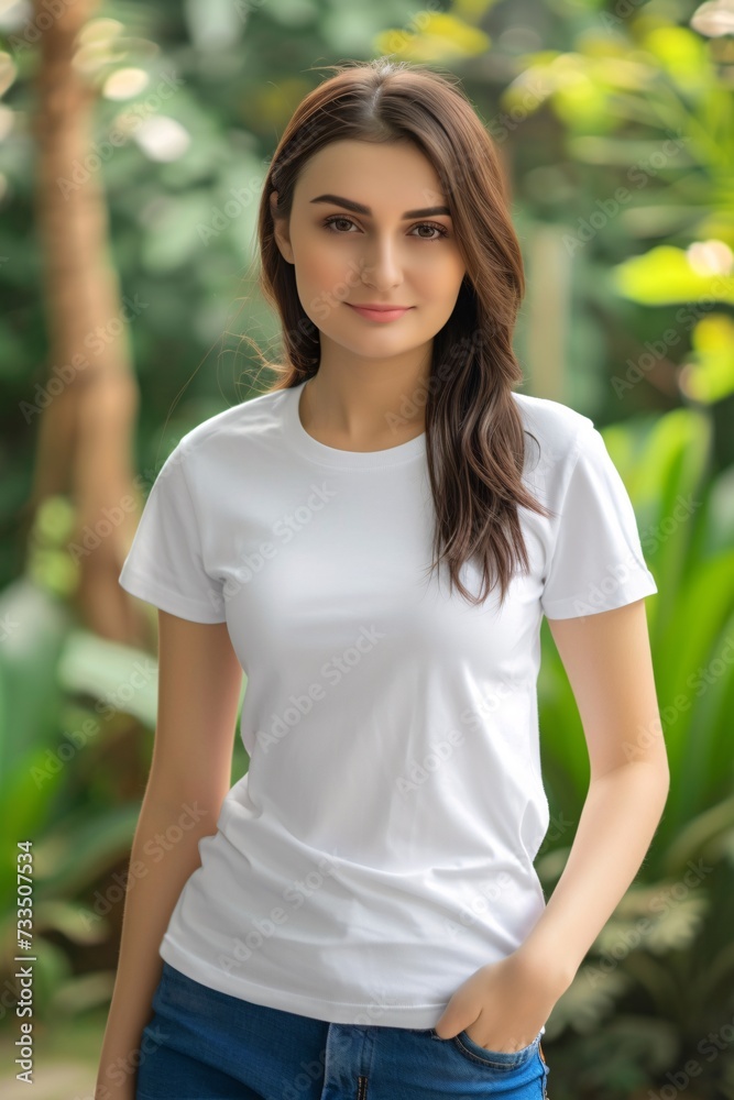 front view young woman wearing white tshirt print on demand mockup outside spring background - generative ai front view young woman wearing white tshirt print on demand mockup outside spring background - generative ai