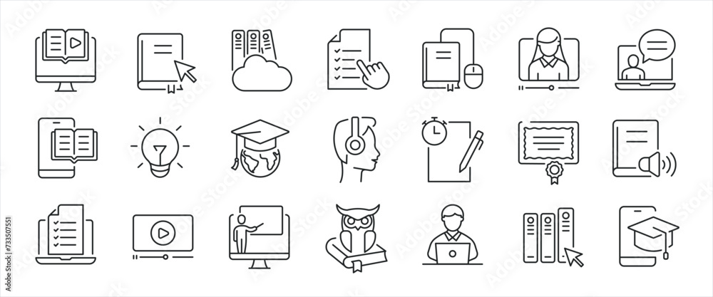 E-Learning thin line icons. Editable stroke. For website marketing design, logo, app, template, ui, etc. Vector illustration.