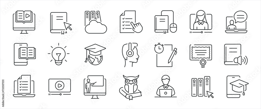 E-Learning thin line icons. Editable stroke. For website marketing design, logo, app, template, ui, etc. Vector illustration. E-Learning thin line icons. Editable stroke. For website marketing design, logo, app, template, ui, etc. Vector illustration.