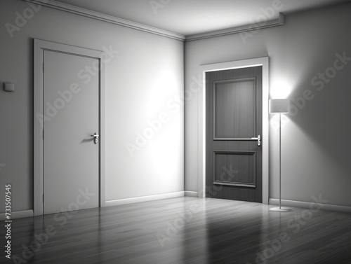 Empty room with a door open and a lamp on the floor.