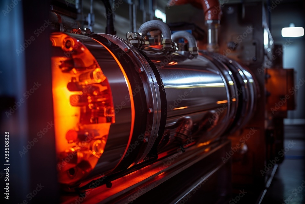 A close-up shot of a boiler tube in an industrial setting, surrounded by complex machinery and illuminated by the harsh glow of artificial light A close-up shot of a boiler tube in an industrial setting, surrounded by complex machinery and illuminated by the harsh glow of artificial light