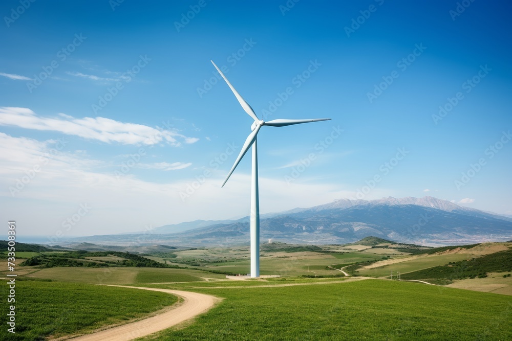 Fototapeta premium The Majestic Wind Turbine Blade Rising High Against a Clear Blue Sky, Surrounded by Green Fields and Distant Mountains