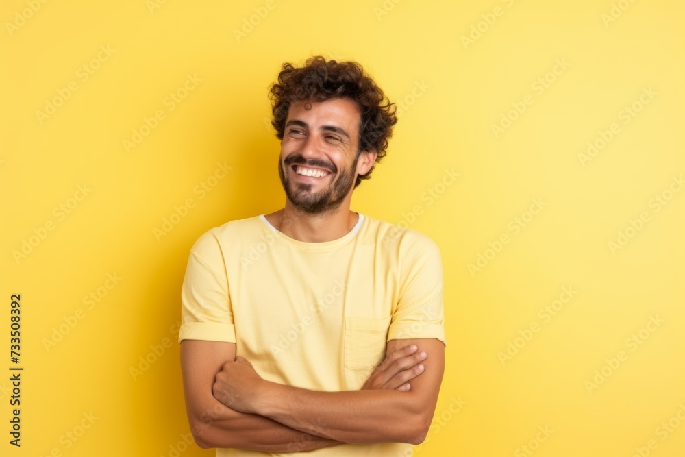 Portrait of a happy young man with crossed arms over yellow background Portrait of a happy young man with crossed arms over yellow background