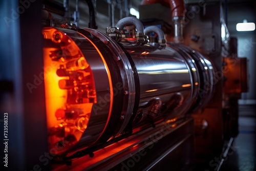 A close-up shot of a boiler tube in an industrial setting, surrounded by complex machinery and illuminated by the harsh glow of artificial light