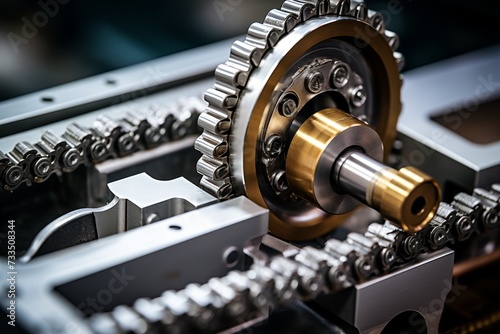 A detailed view of a chain tensioner, an essential component in the industrial machinery, set against a backdrop of gears and sprockets in a busy factory setting photo