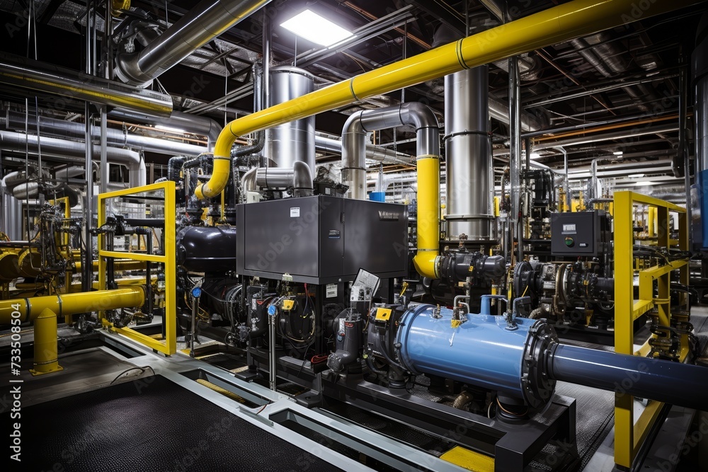 A Detailed View of a Filtration Bed in an Industrial Setting, Surrounded by Heavy Machinery, Piping Systems, and a Network of Conveyor Belts - obrazy, fototapety, plakaty 