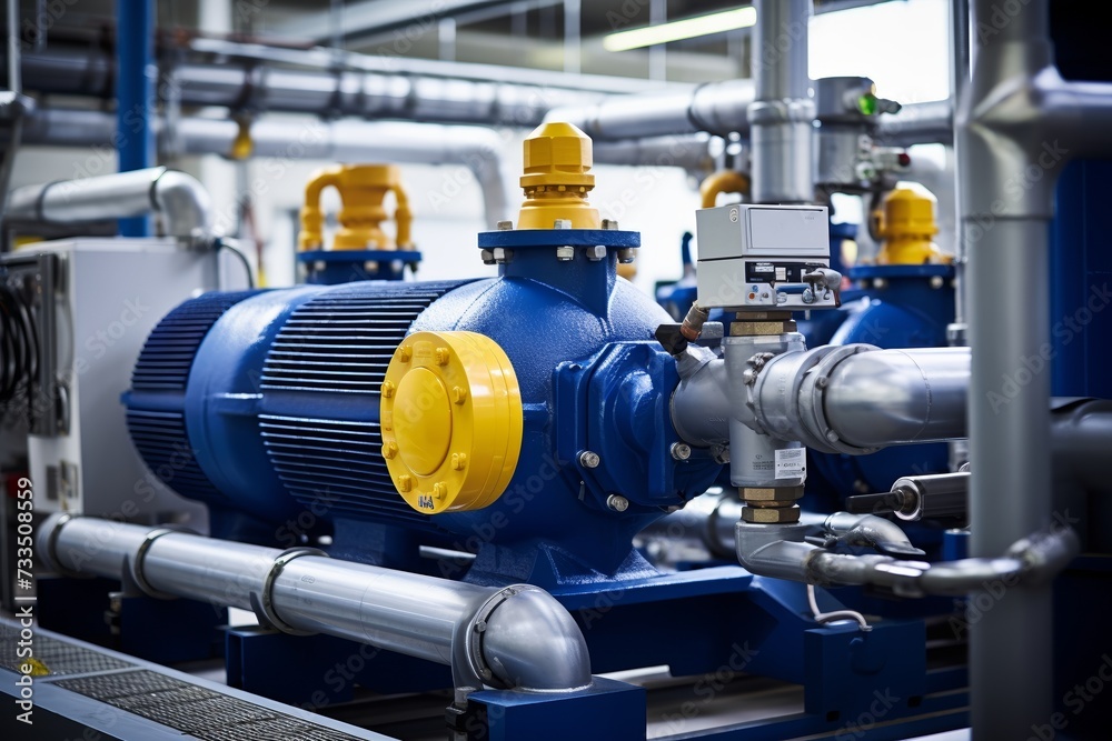A close-up view of a chiller compressor in an industrial setting, surrounded by complex machinery and a maze of pipes and valves A close-up view of a chiller compressor in an industrial setting, surrounded by complex machinery and a maze of pipes and valves