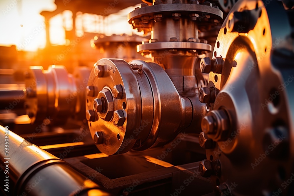 A Close-Up View of a Robust Industrial Coupling, Bathed in the Warm Glow of Sunset, with an Intricate Network of Pipes and Machinery in the Background