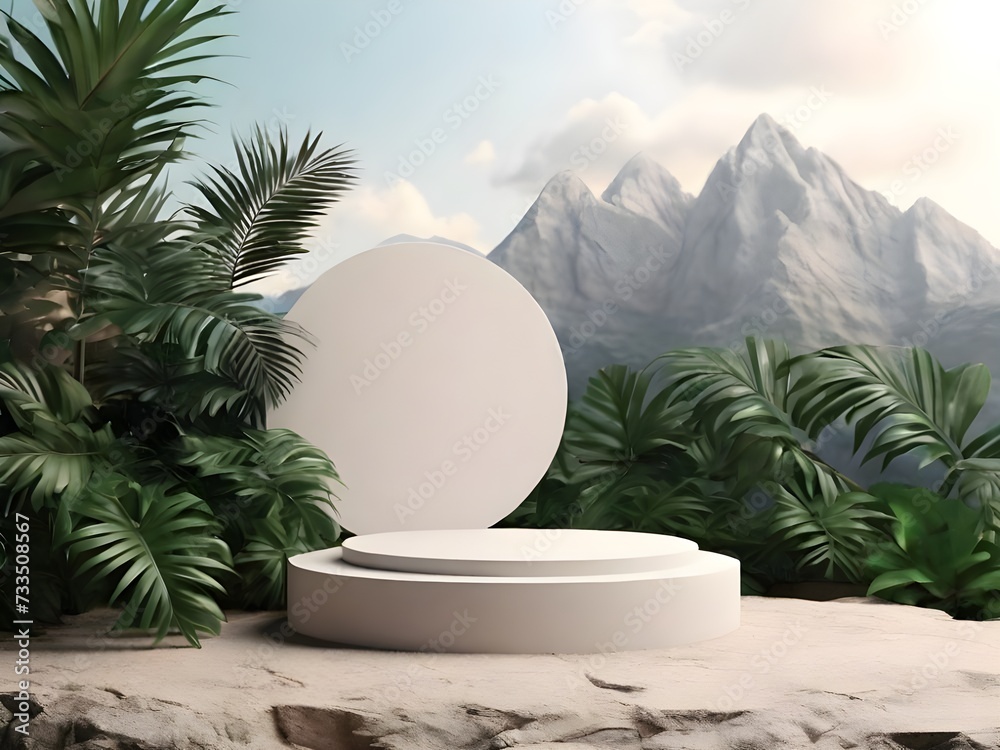 
3d Render Modern Minimal Mockup Podium On Rock Mountain With Tropic Plant Background