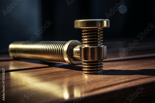 A close-up view of a shiny brass bolt, perfectly crafted and lying on a rustic wooden table, reflecting the soft glow of the overhead lights