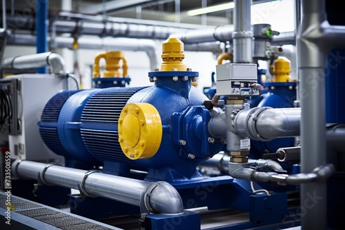 A close-up view of a chiller compressor in an industrial setting, surrounded by complex machinery and a maze of pipes and valves