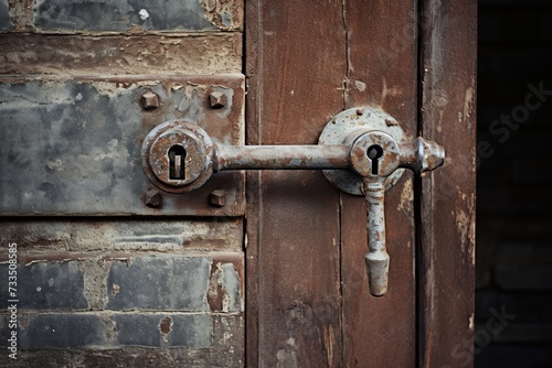Close-up of a Rustic Industrial Handle on a Weathered Metal Door, Set Against the Backdrop of an Aged Brick Wall in an Abandoned Factory