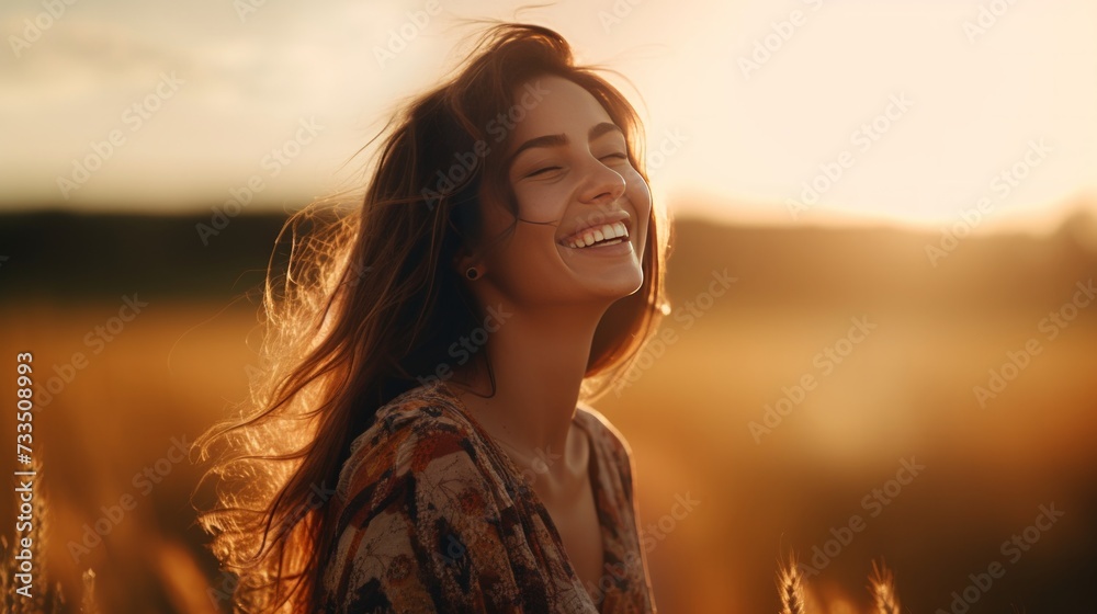 Beautiful carefree woman in fields being happy outdoors. Neural network AI generated art