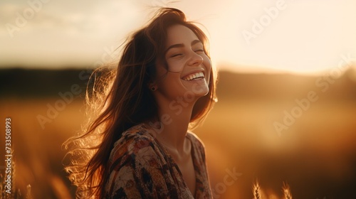 Beautiful carefree woman in fields being happy outdoors. Neural network AI generated art © mehaniq41