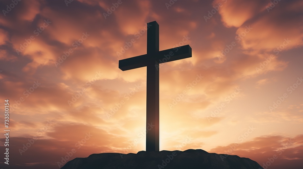 Majestic cross stands atop mountain, illuminated by golden sunrise, conveying hope and spiritual inspiration, Good Friday and Easter Sunday concept Majestic cross stands atop mountain, illuminated by golden sunrise, conveying hope and spiritual inspiration, Good Friday and Easter Sunday concept
