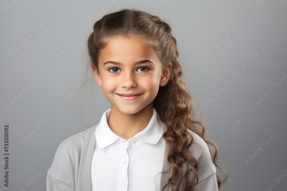 Portrait of a cute little girl with long curly hair on a gray background Portrait of a cute little girl with long curly hair on a gray background