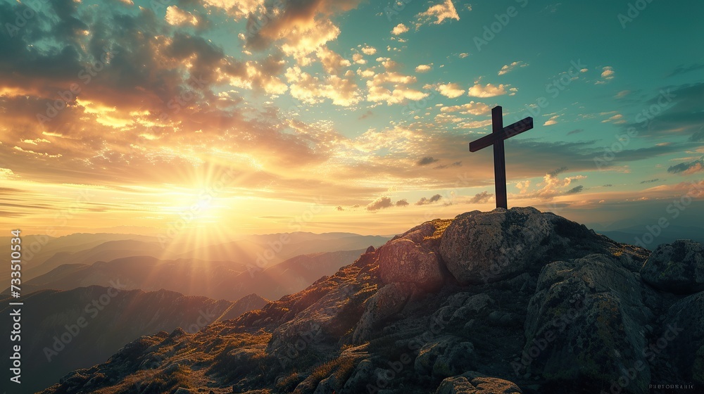 Majestic cross stands atop mountain, illuminated by golden sunrise, conveying hope and spiritual inspiration, Good Friday and Easter Sunday concept - obrazy, fototapety, plakaty 