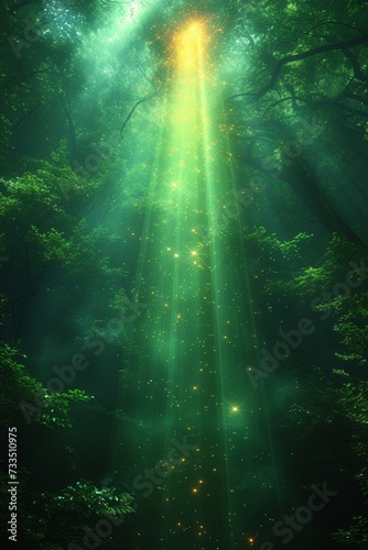 A beautiful green landscape with sunrays coming from the side making gold sparkles. 