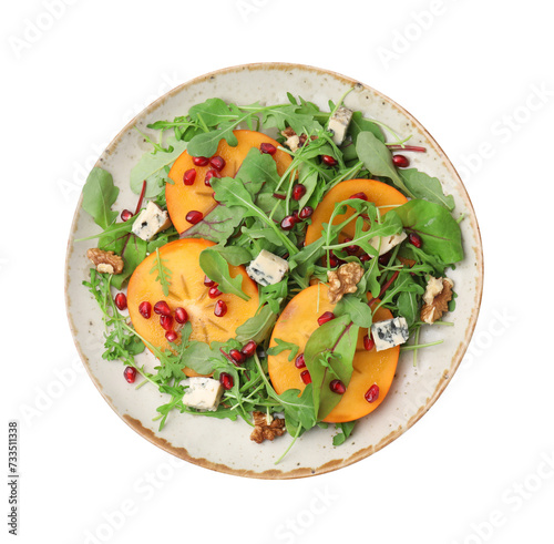 Tasty salad with persimmon, blue cheese, pomegranate and walnuts isolated on white, top view