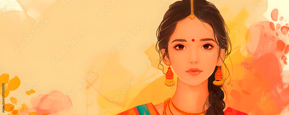 Indian woman wearing traditional indian sari on yellow background. Ugadi or Gudi Padwa celebration. Hindu New Year. Religion and ethnic concept. For banner, greeting card, poster with copy space