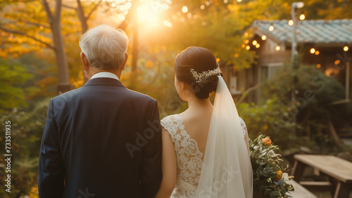 A poignant moment as a bride walks down the aisle with her father, bathed in the golden light of a sunset, symbolizing a new beginning.