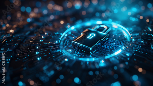 Padlock icon against the backdrop of a sophisticated digital circuit board offers a visualization of cybersecurity, the crucial significance of protecting sensitive information interconnected world.