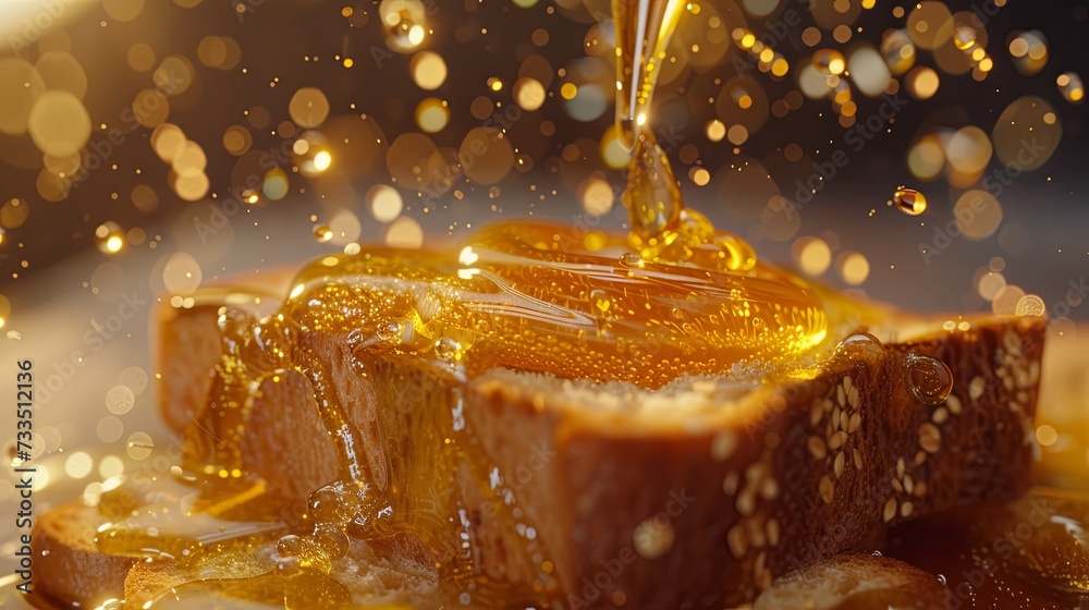 Honey pours into piece of bread morning dinner. Banner background design Honey pours into piece of bread morning dinner. Banner background design