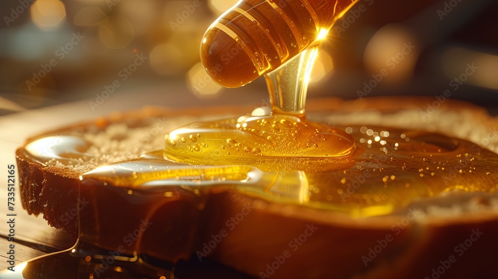 Honey pours into piece of bread morning dinner. Banner background design