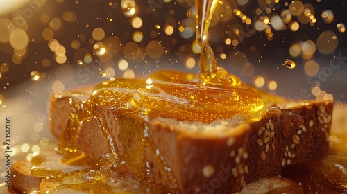 Honey pours into piece of bread morning dinner. Banner background design