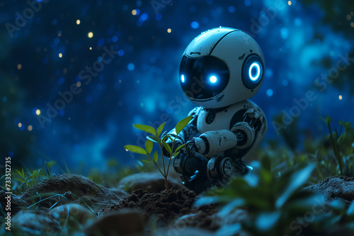 Environment concept, A futuristic robot sits beside a young tree under a starry night sky, a poetic depiction of technology meeting nature.
