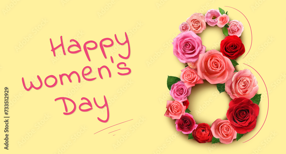 Happy Women's Day greeting card design with number 8 of beautiful flowers on light yellow background Happy Women's Day greeting card design with number 8 of beautiful flowers on light yellow background
