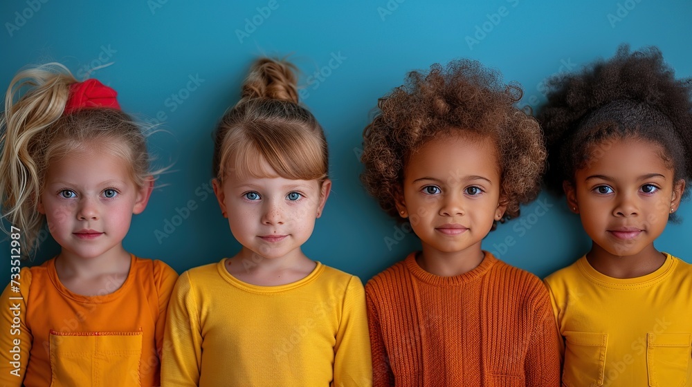 Positive kids of different races pose for a photo session, promoting diversity and unity in a colorful campaign. Positive kids of different races pose for a photo session, promoting diversity and unity in a colorful campaign.