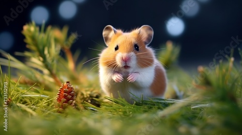 Asian hamster on a beautiful grassland colored background. Amazing rare mammal with brown hair Wildlife scene from nature  Asia