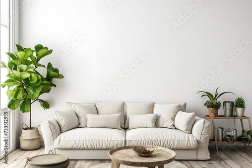 Interior Living Room, Empty Wall Mockup In White Room With White Sofa And Green Plants, 3d Render Real Room Template