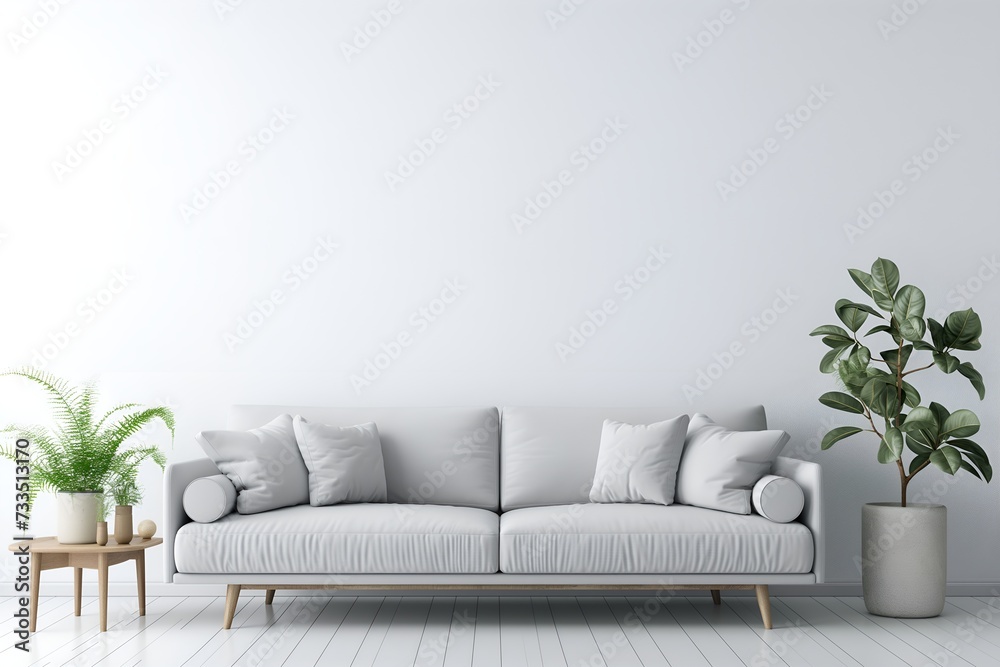 Interior Living Room, Empty Wall Mockup In White Room With Grey Sofa And Green Plants, 3d Render Real Room Template Interior Living Room, Empty Wall Mockup In White Room With Grey Sofa And Green Plants, 3d Render Real Room Template