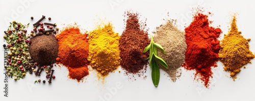 row of different aromatic spices on white background, spices neatly arranged on white