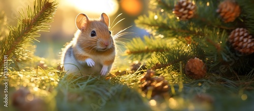 Asian hamster on a beautiful grassland colored background. Amazing rare mammal with brown hair Wildlife scene from nature, Asia © Somad