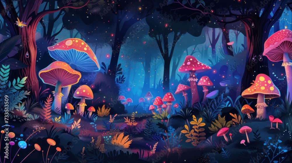 A dense enchanted forest with colorful mushrooms and mystical fairies in a starlit night