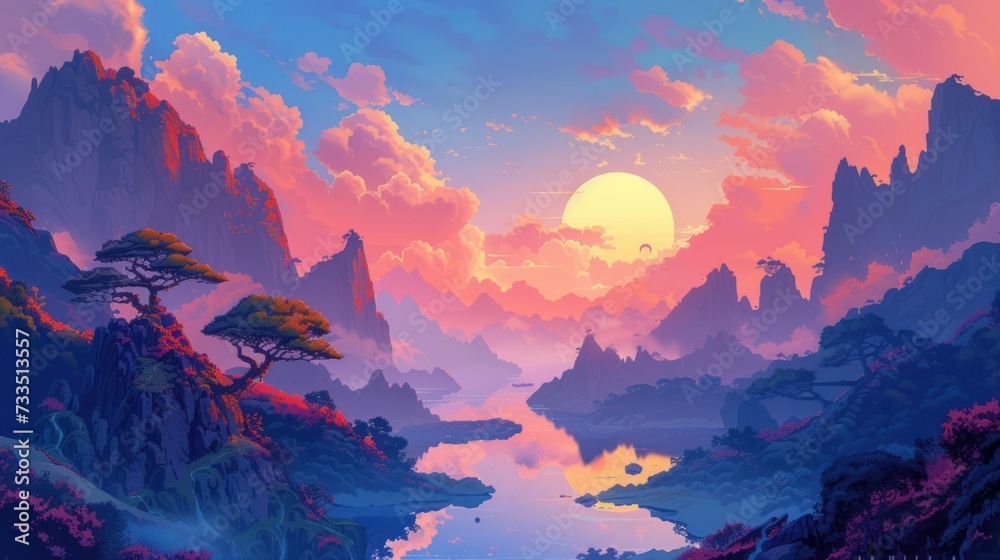 A surreal landscape under a pastel-colored sunset with mythical creatures roaming