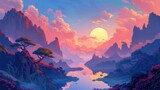 A surreal landscape under a pastel-colored sunset with mythical creatures roaming