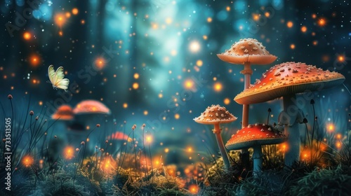 A dense enchanted forest with colorful mushrooms and mystical fairies in a starlit night