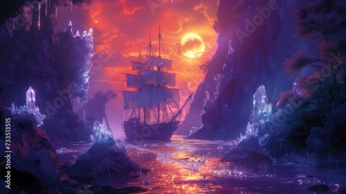 A ghost ship sailing on a river of lava through a jungle full of crystal trees