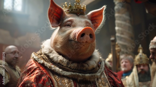 A majestic scene featuring a pig king of anthropomorphic characteristics indulged in royal vestments photo